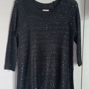 ECI New York Women's Black  3/4 Sleeve Knit Sequined Scoop Neck Sweater Size M